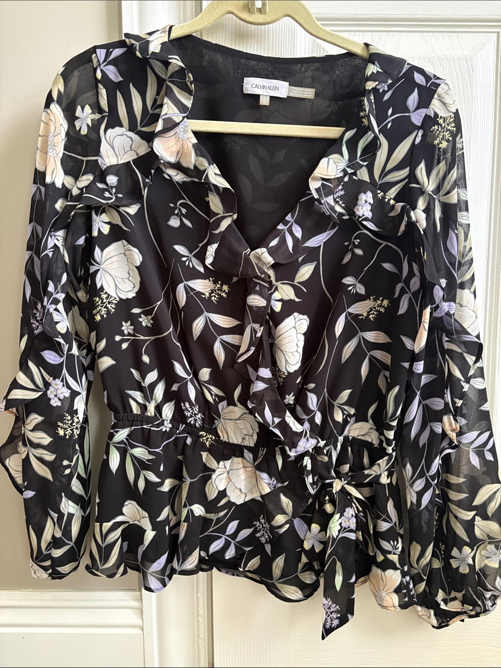 Calvin Klein Black Floral Ruffle Wrap Top
